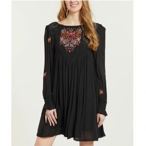Free People Mohave Womens Black Floral Embroidered Peasant Dress Boho Sz XS